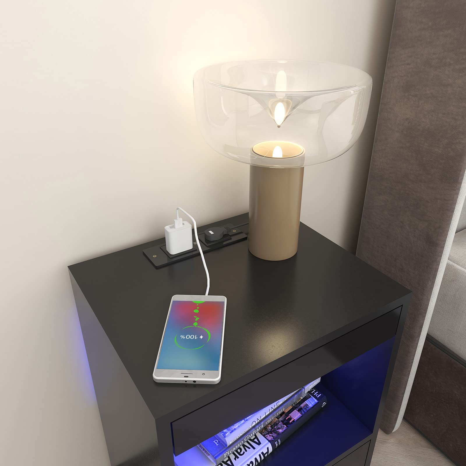 Comodino a LED con funzione di ricarica, comodini a 2 cassetti, presa USB, 16 colori RGB Notte Armadi da Comodino Tavolino (1, nero 1