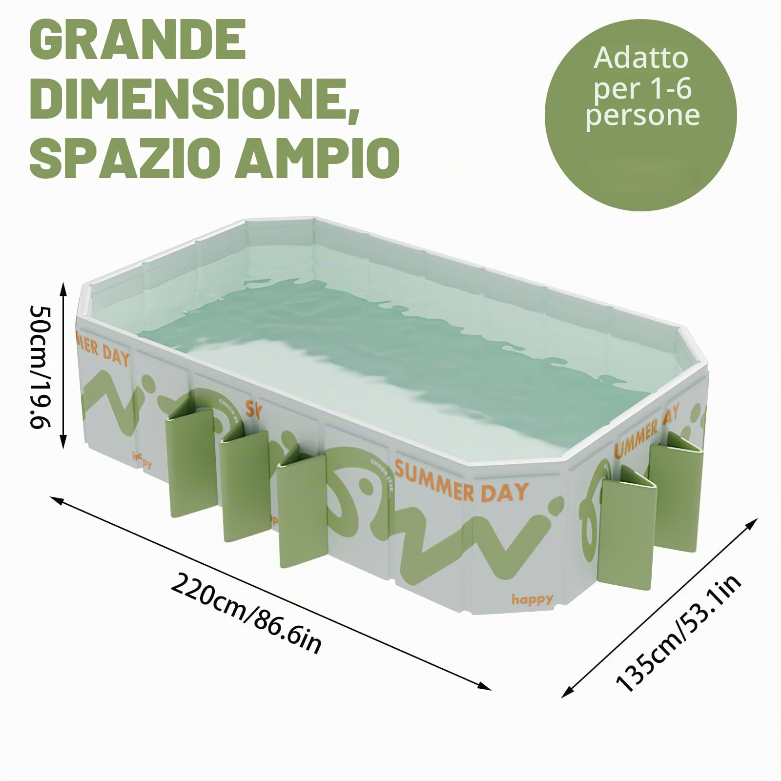Piscina Pieghevole 220x135x50 cm - Piscina Fuori Terra per Bambini e Adulti, Grande Piscina Portatile con Doppio Scarico, Ideale per Giardino, Terrazzo, Spiaggia e Feste Estive