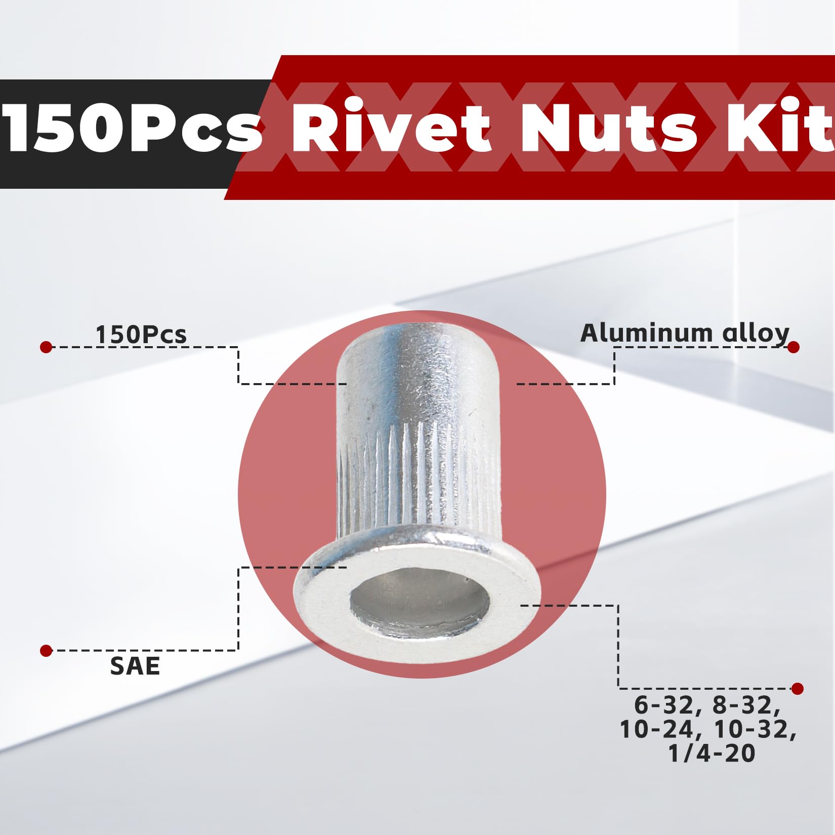 Kit de 150 Tuercas remachables SAE (6-32, 8-32, 10-24, 10-32, 1/4-20) de Aluminio, con Cabeza Plana y Rosca. Surtido de Tuercas remachables.