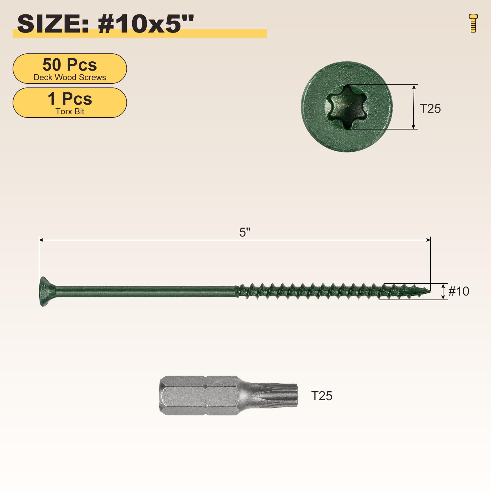 METALLIXITY Deck Screws (#10x5") 50Pcs, Carbon Steel Wood Screw Decking Screws Epoxy Coated with T25 Torx Drive Head - Image 2