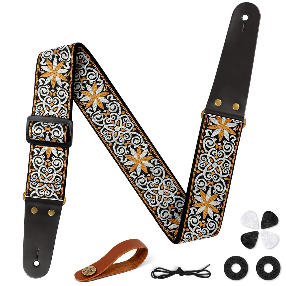 Aucuu Gitarrengurt, 2" Vintage bestickte Baumwolle Gitarrengurt, Verstellbarer Gitarrenband Echtleder Enden für Bass Elektro Akustik, mit Gurtknopf 2 Gurtschlössern 4 Gitarrenplektren
