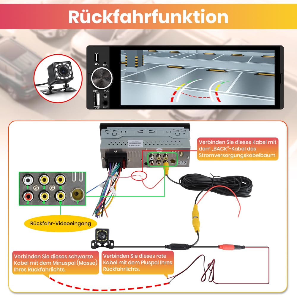 1 DIN Universales Autoradio, Carplay, Android Auto, Online-Navigation | 6,36 Zoll Touchscreen, RDS, Typ-C-Anschluss, USB-Anschluss, Bluetooth, Rückfahrkamera