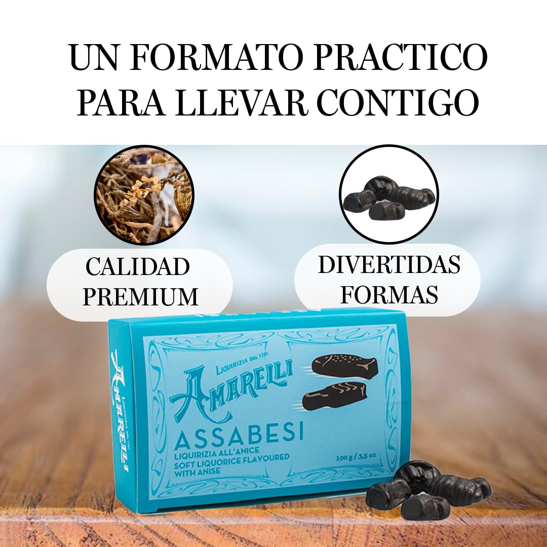 AMARELLI| Assabesi – Regaliz Blando con Anís 100g Caramelos Naturales | Regaliz Gommosa | Assabesi en Envase Elegante | Sabor Puro | Caramelos Divertidos con Formas Variadas (PACK 2)