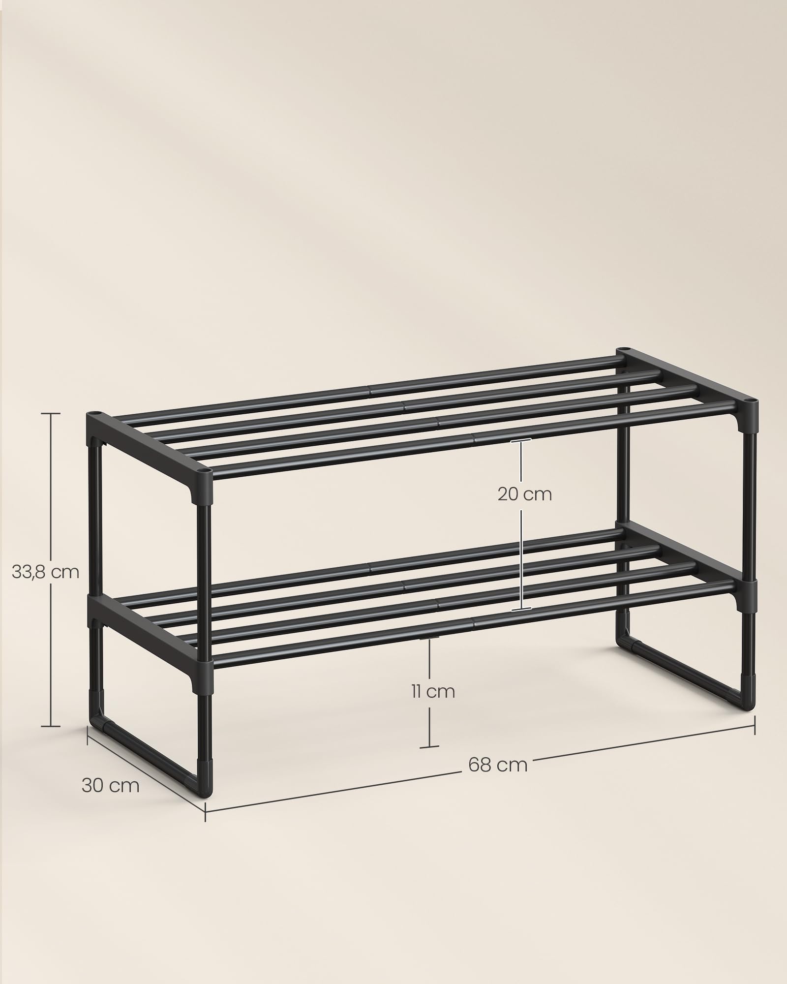 SONGMICS Stojak na buty 2-poziomowy, metalowy stojak na buty, przechowywanie butów, pionowy lub do góry nogami, na 6-9 par butów, składany, 30 x 68 x 33,8 cm, czarny LSA202B01