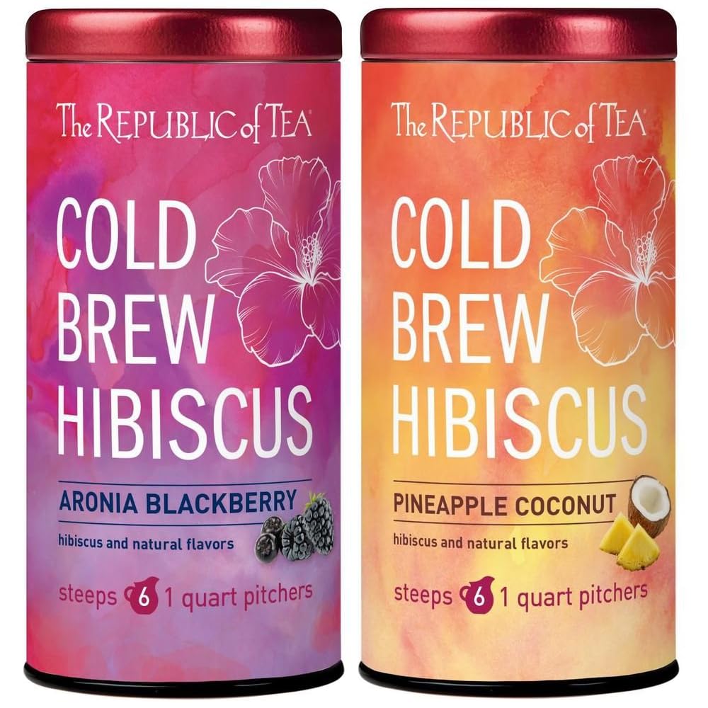 The Republic of Tea - Cold Brew Hibiscus Iced Tea Bundle - Pineapple Coconut and Aronia Blackberry - 12 Quart-Sized Pouches