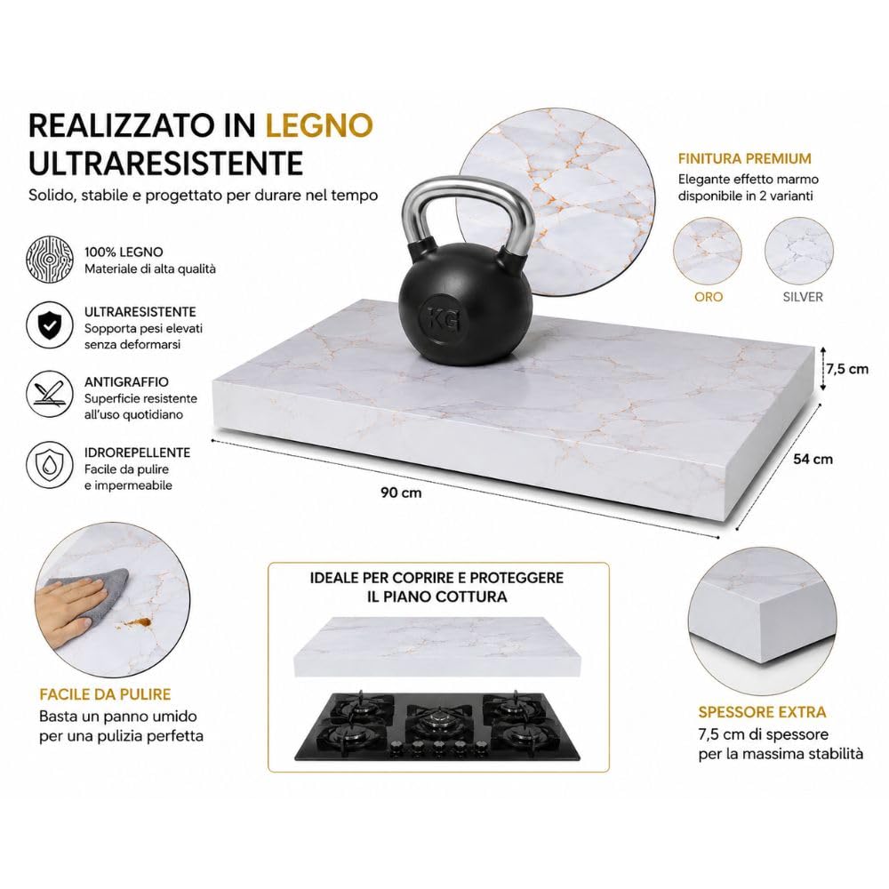Coprifornello in Legno Ultraresistente 90x54x7,5 cm – Copripiano Cottura Effetto Marmo Marmorizzato – Protezione Piano Cottura Cucina – Variante Oro o Silver (Silver)