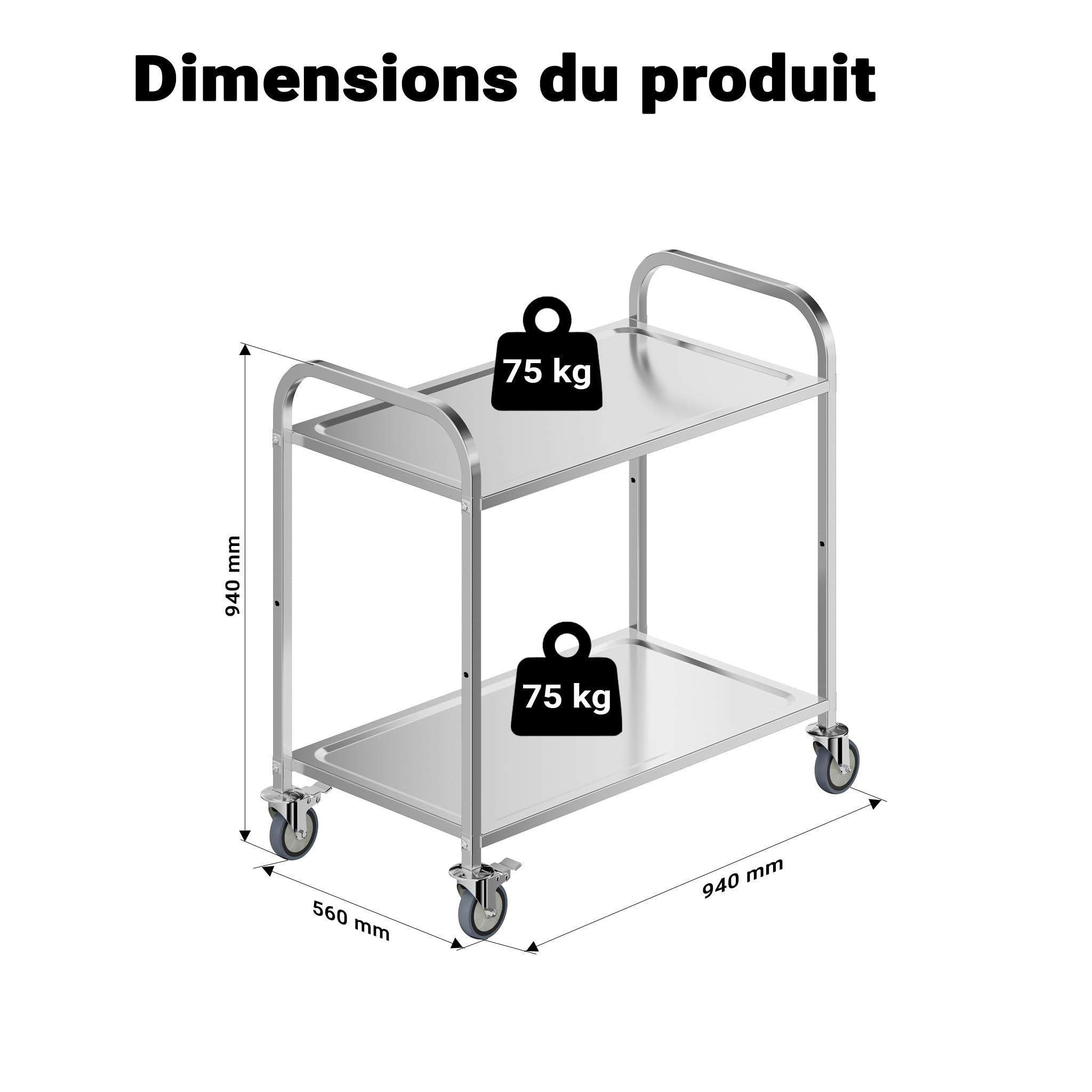 WilTec Chariot de Service – 940 x 560 x 940 mm – Acier affiné – 2 Étagères – Jusqu’à 150kg – Desserte Table servante Mobile avec Frein