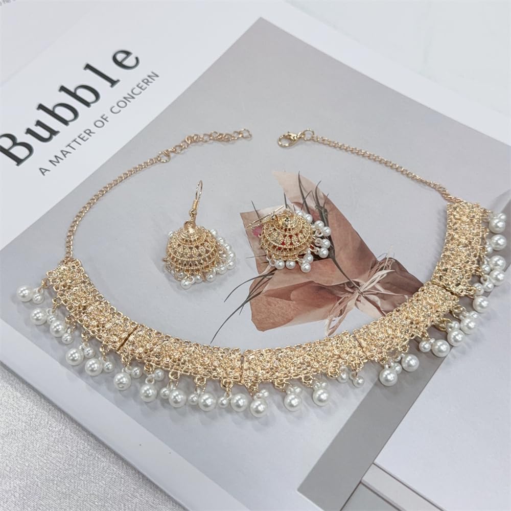 OIDIMS Indian Jewelry Set for Women Vintage Boho Flower Tassel Beaded Ball Charm Choker Necklace Elegant Dangle Drop Jhumka Earrings Bollywood Festival Statement Traditional Diwali Holiday