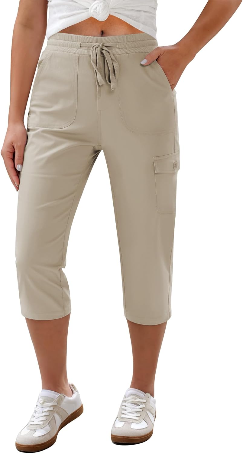 GRAPENT Capri Pants for Women Cargo Elastic Waist Pull On Drawstring Summer Casual Capris Cotton Chino Cropped Pants