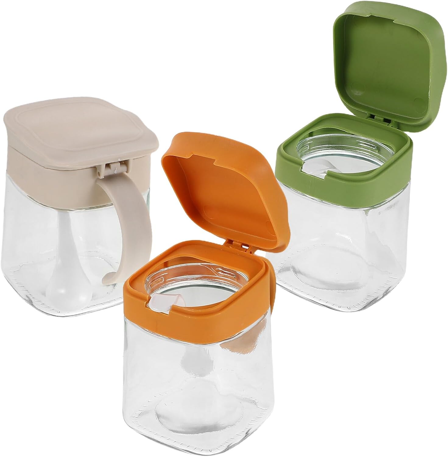 3pcs Glass Spice Jars with Flip Lids, Airtight Kitchen Seasoning Containers in White, Green, Yellow for Condiment Storage and Easy Identification