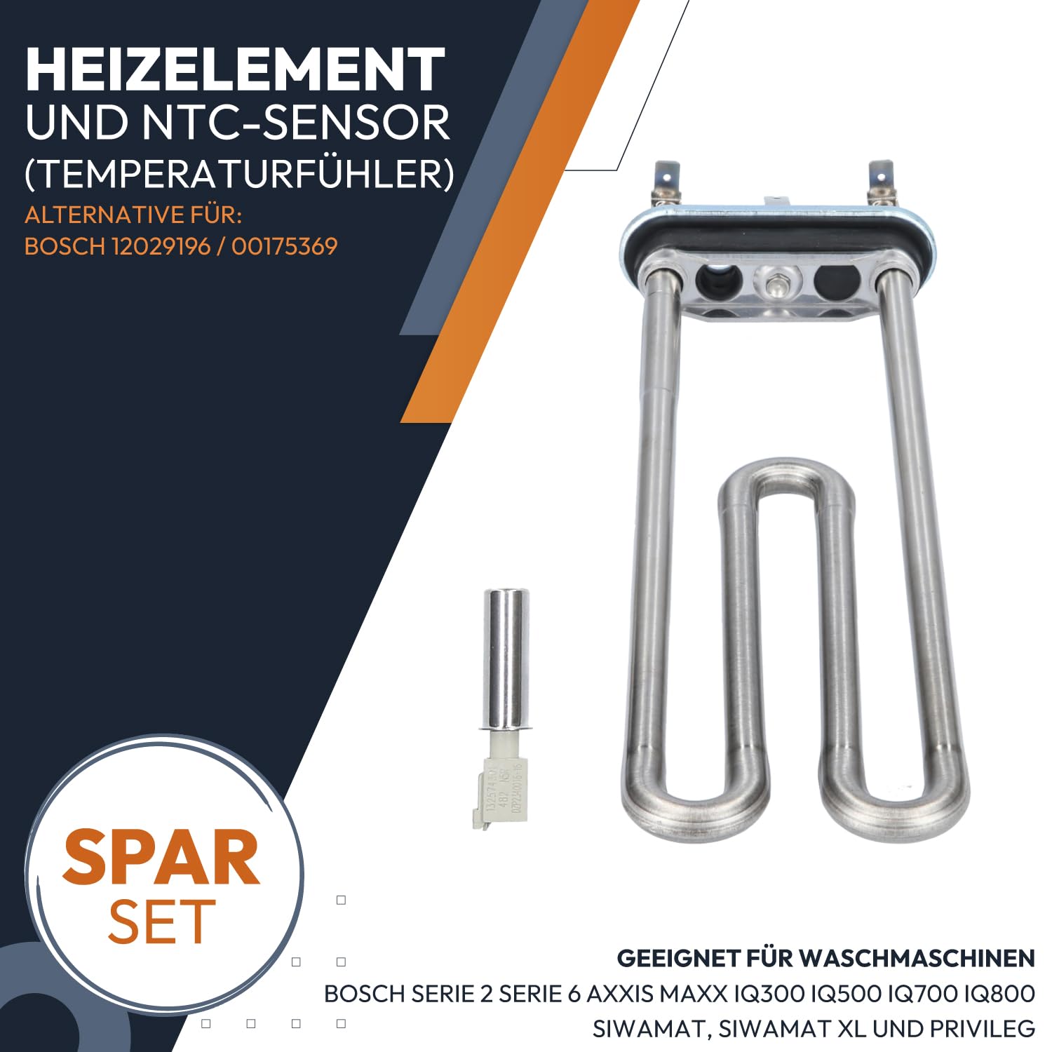 Kenekos - SET Heizelement wie 12029196 (ersetzt 265961/00265961) mit NTC-Sensor wie 00175369/175369 230V, Heizstab kompatibel mit Bosch Siemens Waschmaschine Constructa Balay iQ100 iQ300 iQ500 iQ590