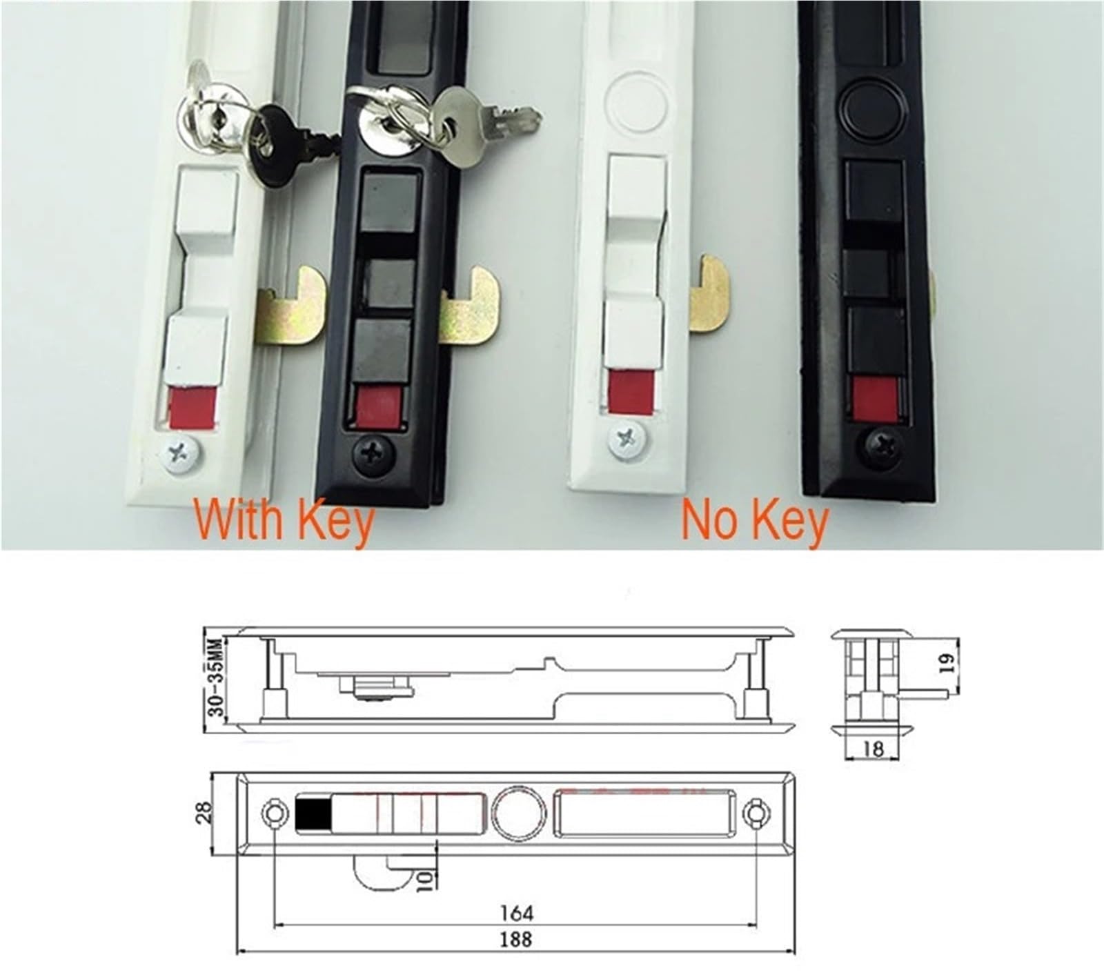 Cerradura de puerta corredera negra con 2 llaves de latón, accesorios de baño, pestillo for muebles, 1 unidad(Black No Key)