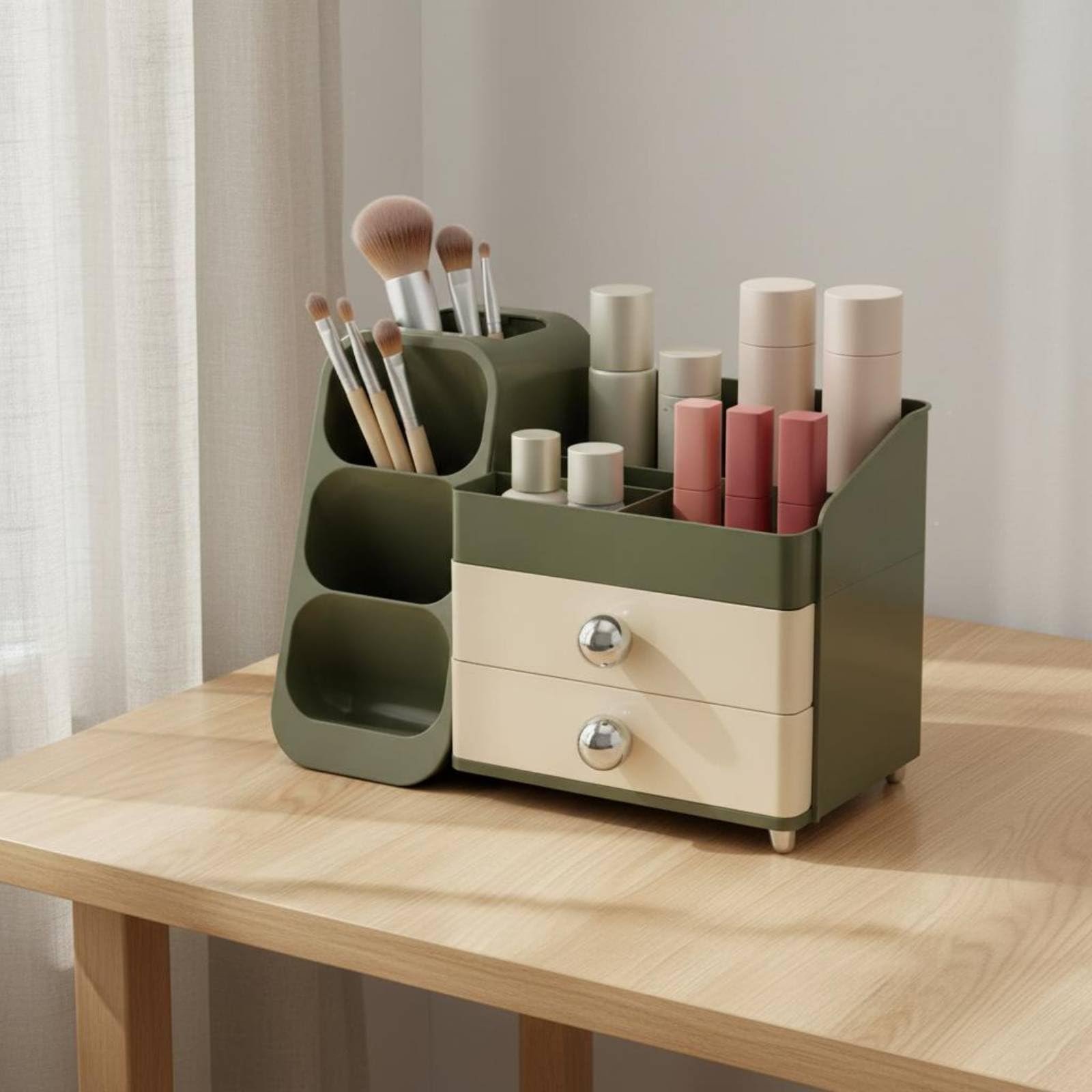 Schminktisch-Organizer leicht zu reinigen Make-Up-Pinselhalter-Box transparentes Design Desktop-Make-Up-Ständer für Schlafzimmer, Badezimmer, Weiß, Weiß, 35 25 18