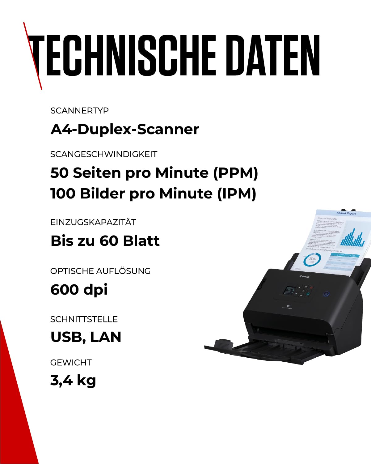 Canon Scanner imageFORMULA DR-S250N| Dokumentenscanner mit Web-Scan Funktion | Duplex Scanner mit Einzug | LAN & USB | 60 Blatt Einzug | 50 Seiten/Min | CaptureOnTouch Software mit OCR I PDF I Twain
