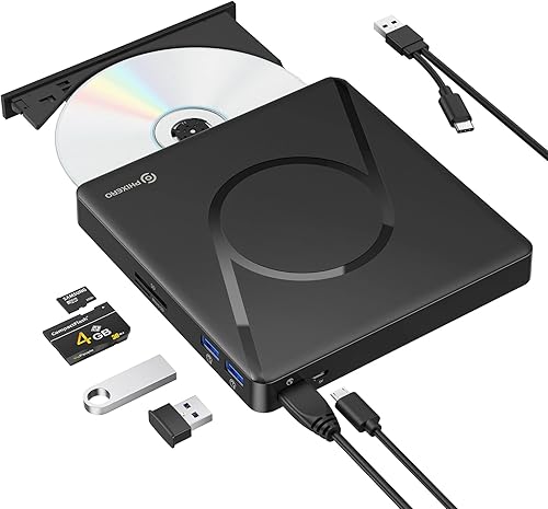 PHIXERO Unidad de DVD externa para portátil, USB 3.0 Tipo-C CDDVD +-RW ROM Burner reproductor de DVD con 2 puertos USB A y ranura para tarjeta SDTF