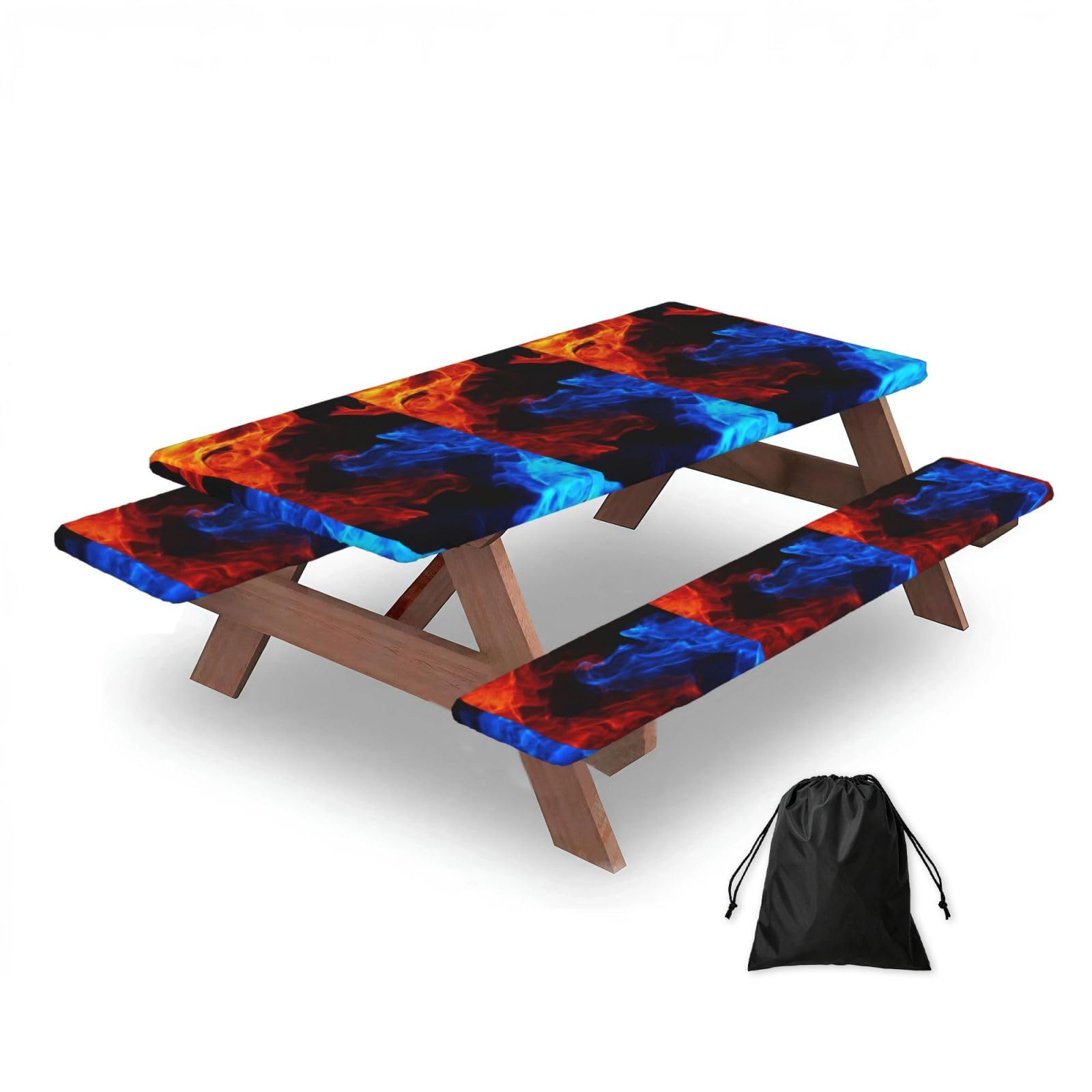 Red And Blue Flame, Picnic Table Cover With Bench Covers -Waterproof Elastic Fitted Tablecloth for Garden Camping Patio 76x152cm