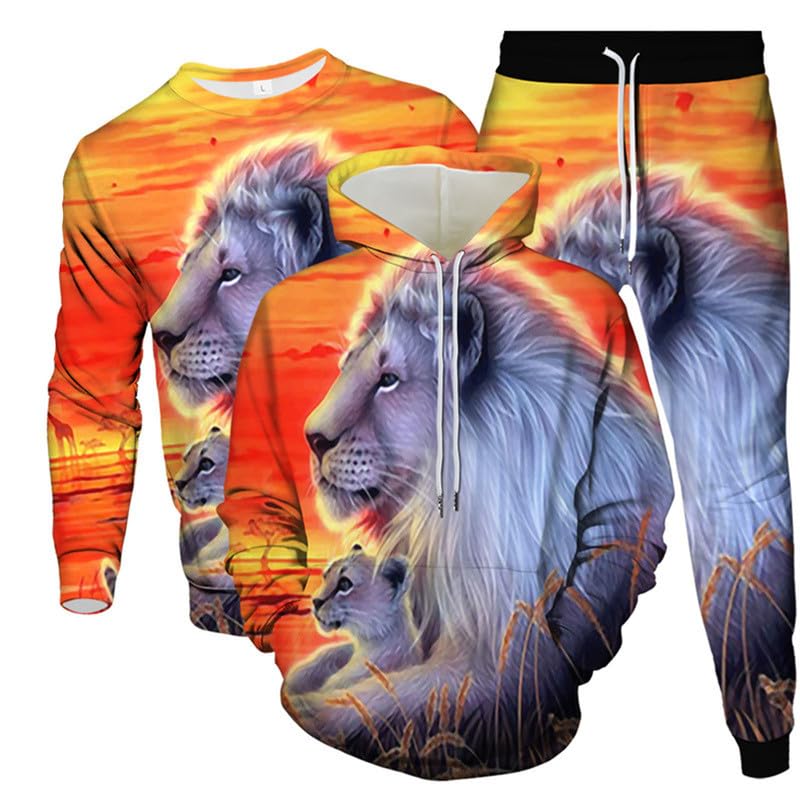 Set Tuta da Uomo Felpe con Cappuccio Stampate in 3D Animal Lion + Felpa + Joggers Maglione Casual Set da 3 Pezzi