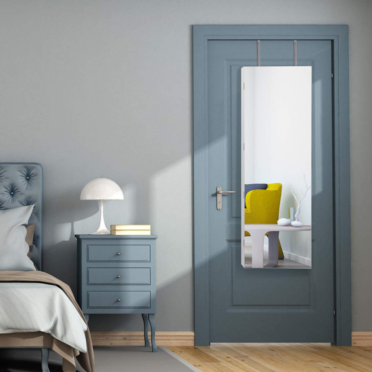 GOPLUS Schmuckschrank, Spiegelschrank, Schmuckregal hängend mit Spiegel, mit LED Beleuchtung, Farbewahl, für Ringe, Ohrringe, Halsketten, Armbänder (Weiß)