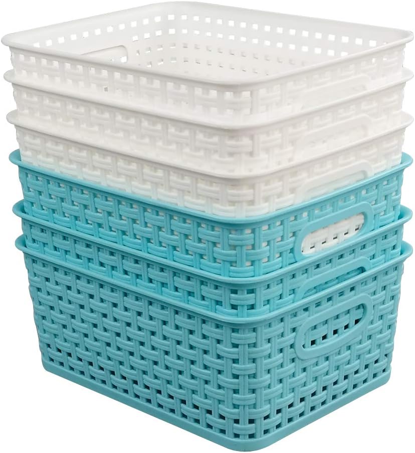 Fosly Small Plastic Weave Storage Basket, Bathroom Baskets Set of 6