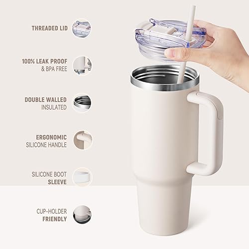 Miniatura 3 de COKTIK Vaso de 40 onzas con asa y tapa con popote, taza de café de viaje aislada al vacío, taza aislada de acero inoxidable para bebidas, a prueba