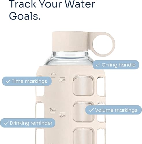 Miniatura 3 de purifyou Botella de Agua de Vidrio Borosilicato de 40oz 32oz 22oz 12oz con Marcadores de Tiempo y Volumen, Funda de Silicona, Tapa de Acero