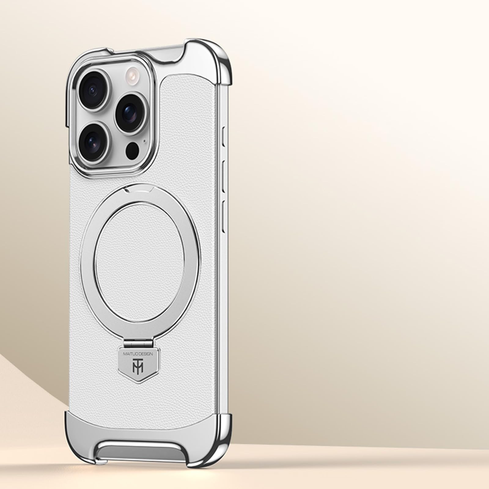 Étui rigide iPhone 17 cuir de luxe argent avec anneau support - 8