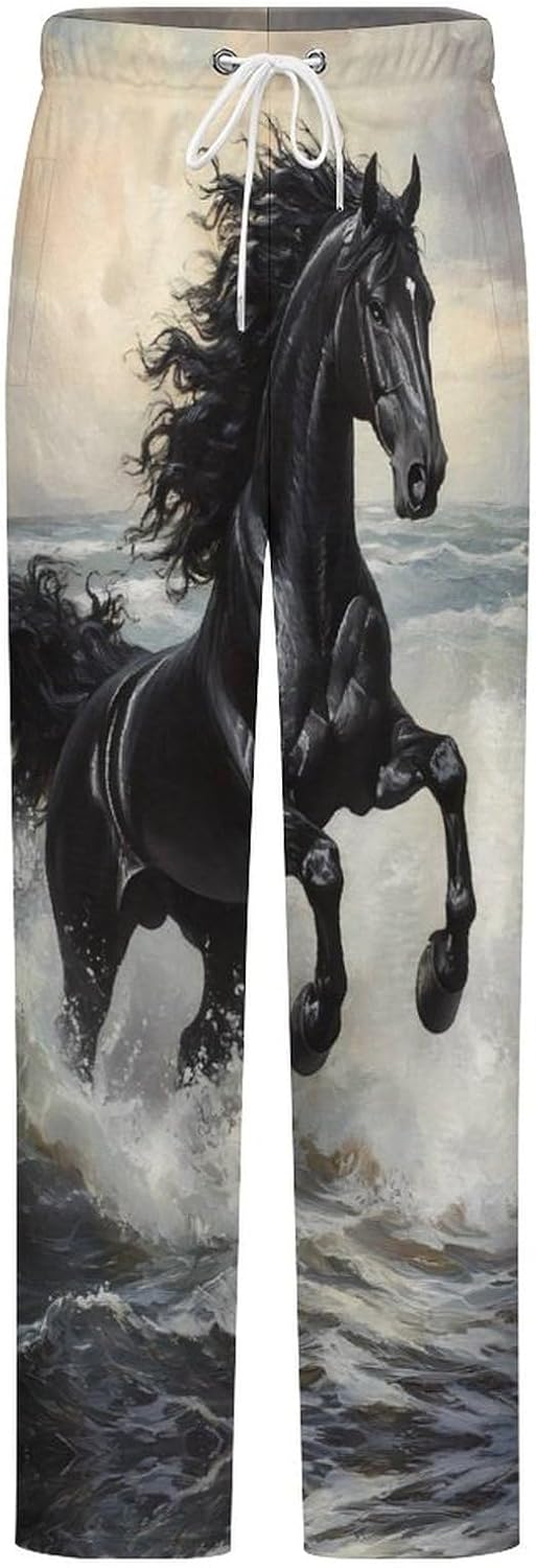 Galloping Black Horse Seaside Flannel Pajama Pants Women Long Lounge Pants Soft Pj Bottom with Drawstring Belt Sleepwear