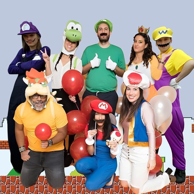 Miniatura 7 de Disfraz de cosplay de Halloween incluye sombrero amarillo unisex para adultos y niños, gorra morada, bigote, guantes, botones, tirantes accesorios