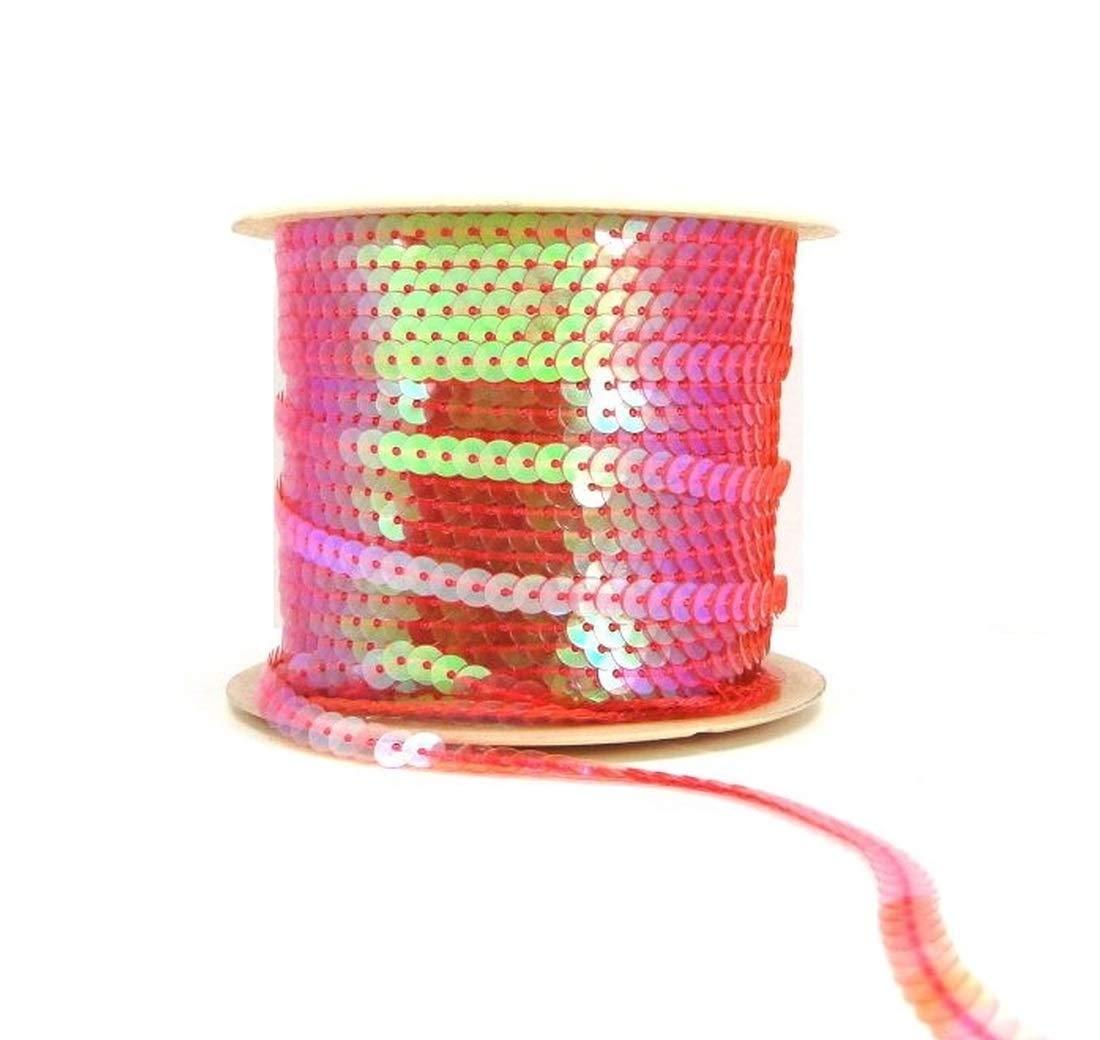 Sequin Trim Sequins Ribbon 6mm Strung Metallic Shiny Flat Sequins Paillette Spangle Sequin String for Embellishment Sewing Arts Crafts Fancy Dress Decoration (AB Transparent Pink - 90 Meters)