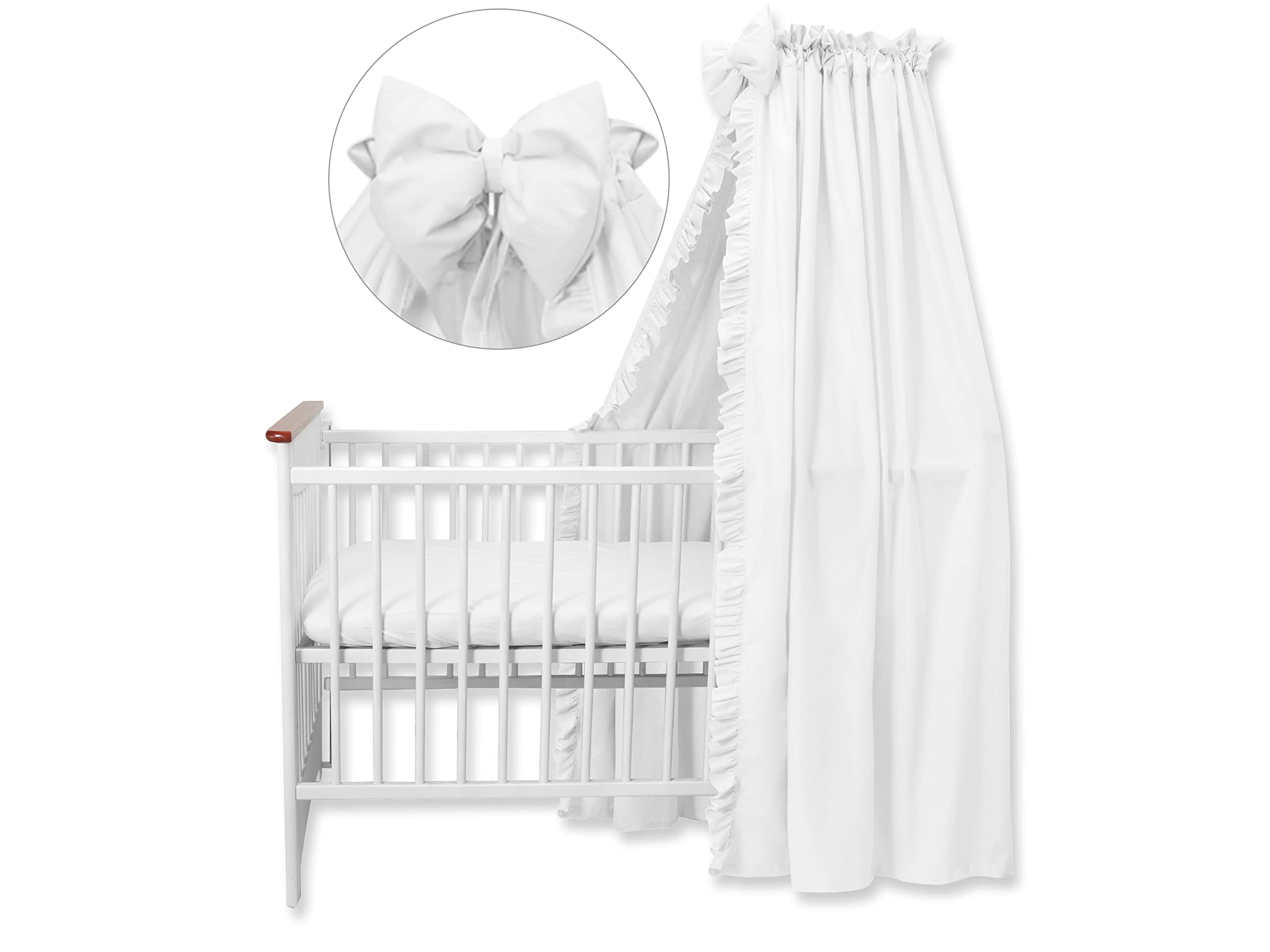 balbina Set decorativo per lettino, 100% cotone, baldacchino con volant e fiocco, zanzariera per cameretta dei bambini, tenda opaca senza asta per baldacchino, 240 x 165 cm, bianco