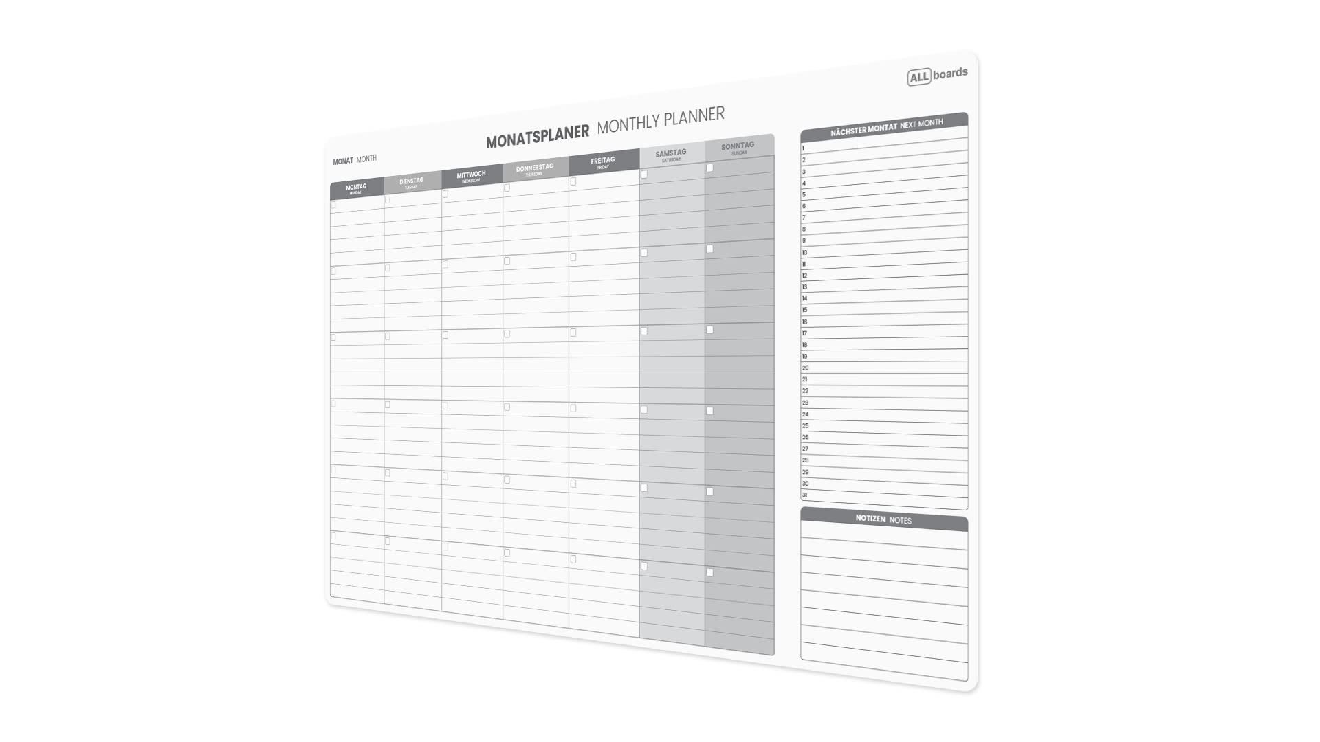 ALLboards Magnetischer Monatsplaner 90x60cm für Monatsplanungen, Wochenplaner Wandkalender Memoboard Magnettafel auf Deutsch