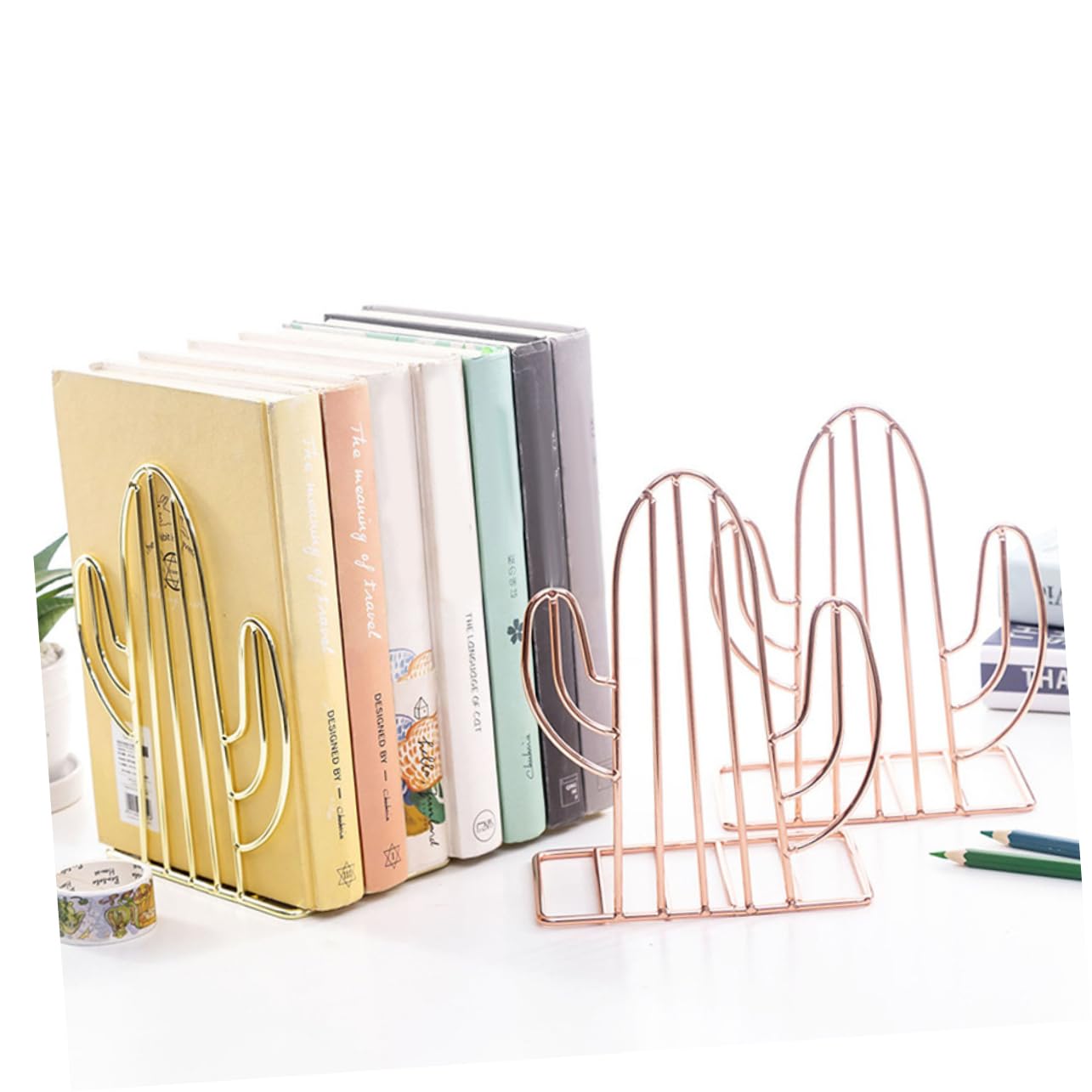 SHINEOFI Pair of Cactus Shaped Bookends Metal Book Supports for Desk Office Decor Bookend Shelves