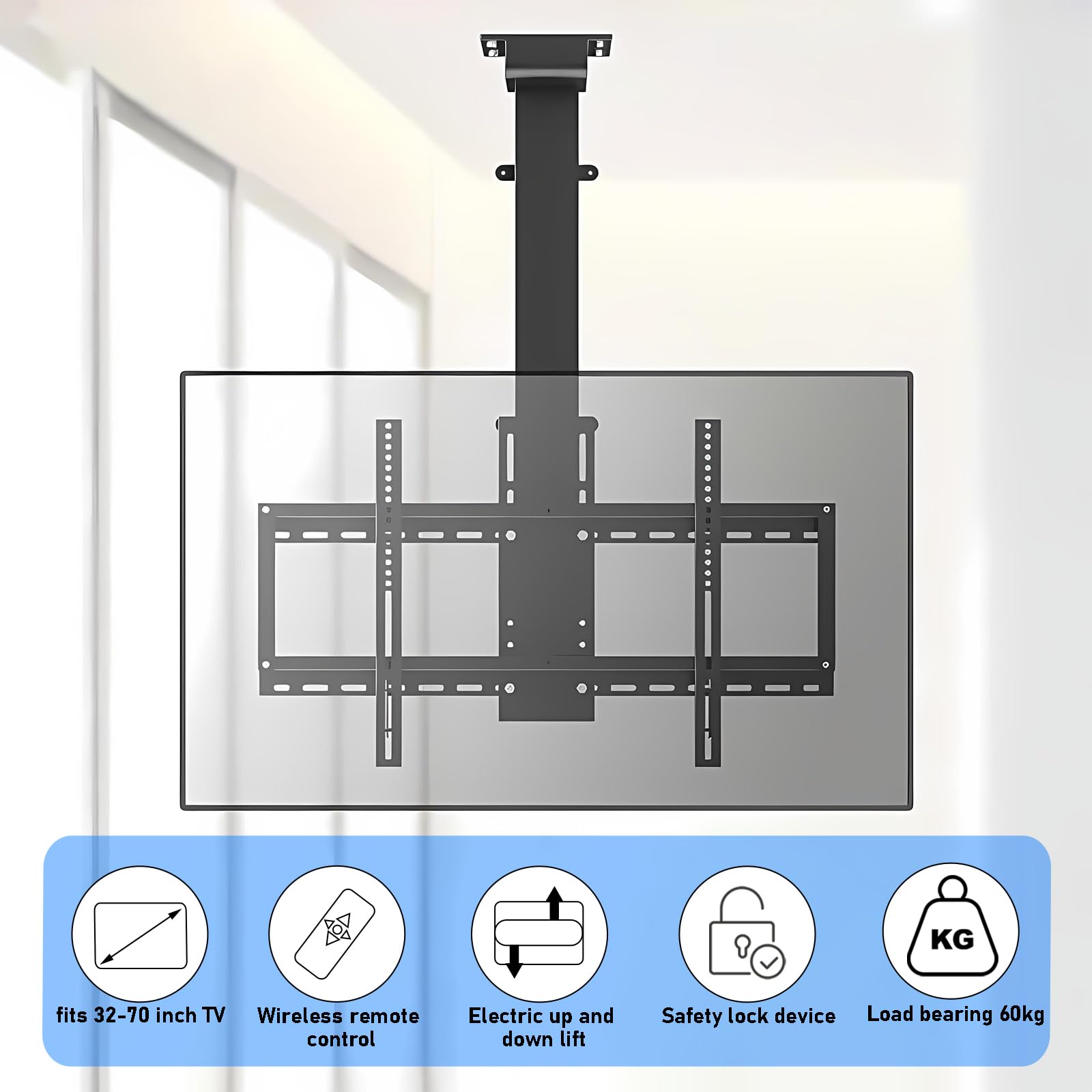 supporto tv motorizzato, staffa tv motorizzata soffitto per Schermi da 32-70 Pollici, Supporto Da Soffitto Motorizzato Sollevamento regolabile in altezza 65cm, Fino a 60kg (Lift 56-121)