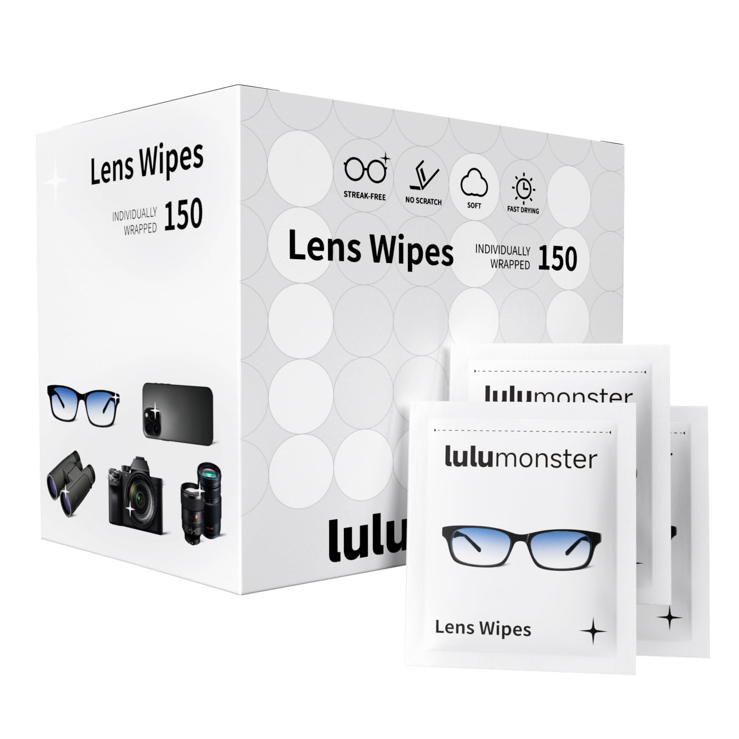 Lulumonster Lens Cleaning Wipes - Pre-Moistened Eyeglass Cleaner for Glasses, Sunglasses & Camera Lenses - Streak-Free, Scratch-Free & Ammonia-Free