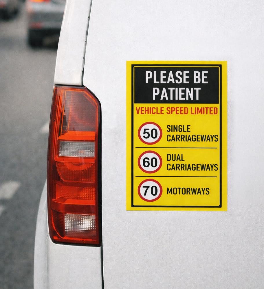 The Road Speed Limits for This Vehicle 50mph 60mph and 70mph legal speed restrictions for HGVs, vans, and trailers Limited sign - Self adhesive sticker (300mm x 200mm)