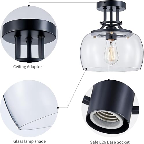 Miniatura 3 de WUZUPS Lámpara de araña rústica de granja industrial redonda semiempotrada de techo con luces LED y pantallas de vidrio transparente para baño,