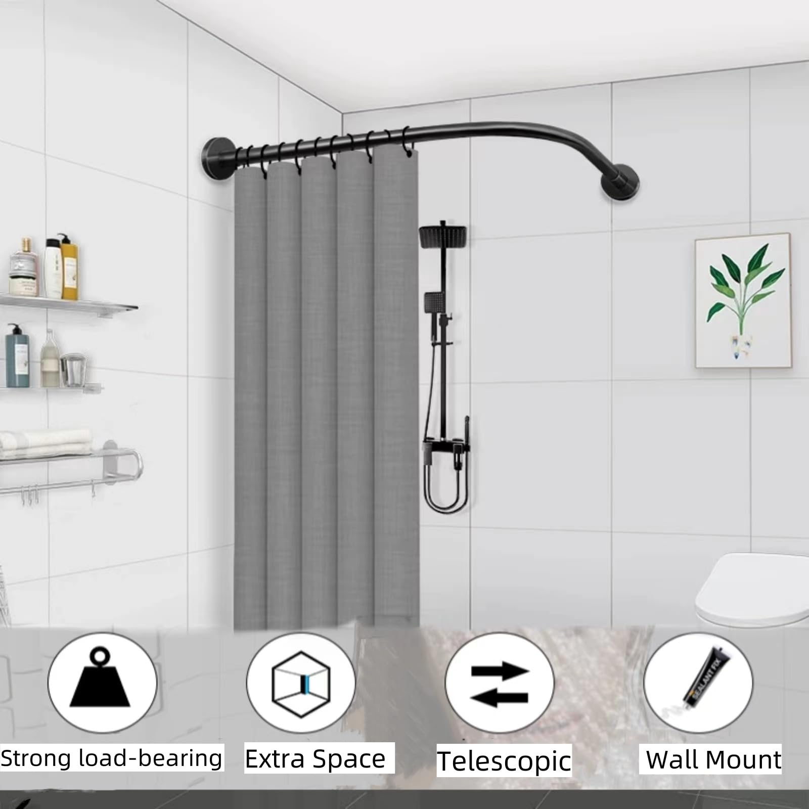 Tringle à rideau de douche sans perçage en forme de L, réglable en acier inoxydable, support de rail de rideau de douche adapté au dressing de salle de bain(75-95x75-95cm)