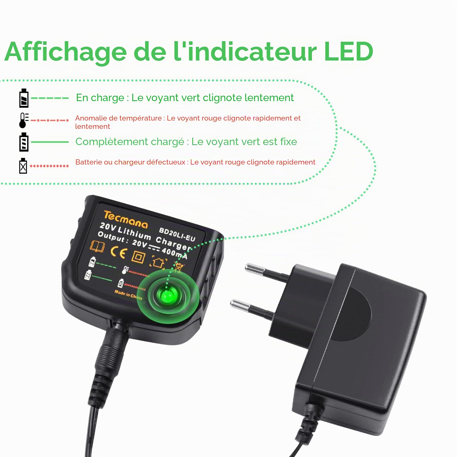 Chargeur de batterie lithium 18V/20V, compatible avec batterie lithium Black&Decker 18V/20V BL2018 LBXR20 LBXR20-OPE LB20 LBX20