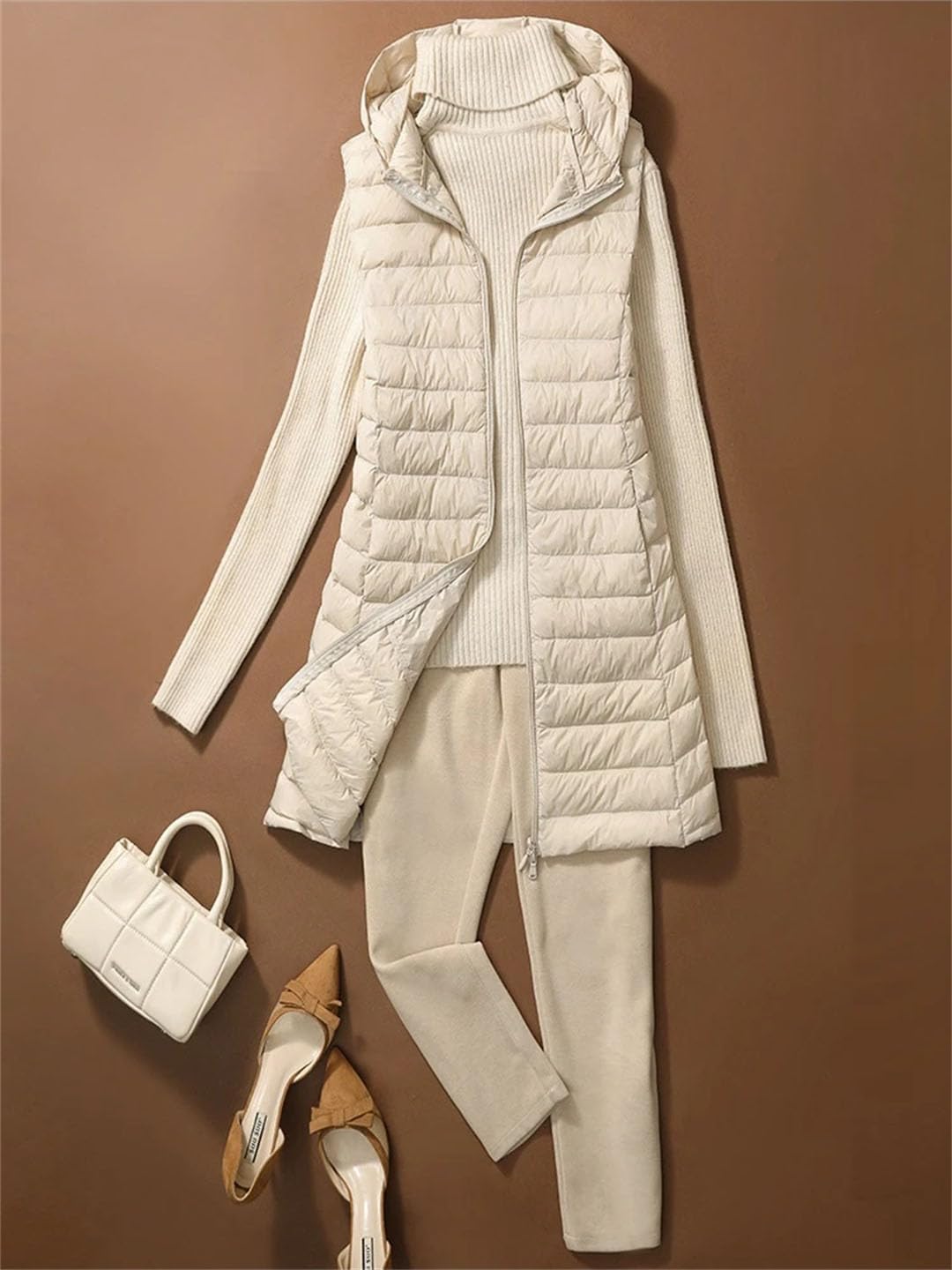 [Bciopll] 女性のノースリーブロングチョッキ秋の冬の冬の軽量ダウンベストフード付きダックダウンコート