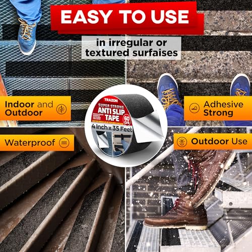 Image of Trazon Grip Tape - Heavy Duty Anti Slip Tape with Aggresive Adhesion for Irregular or Textured Surfaces Outdoor /Indoor Waterproof 4Inch x 35Ft Safety Non Skid Roll