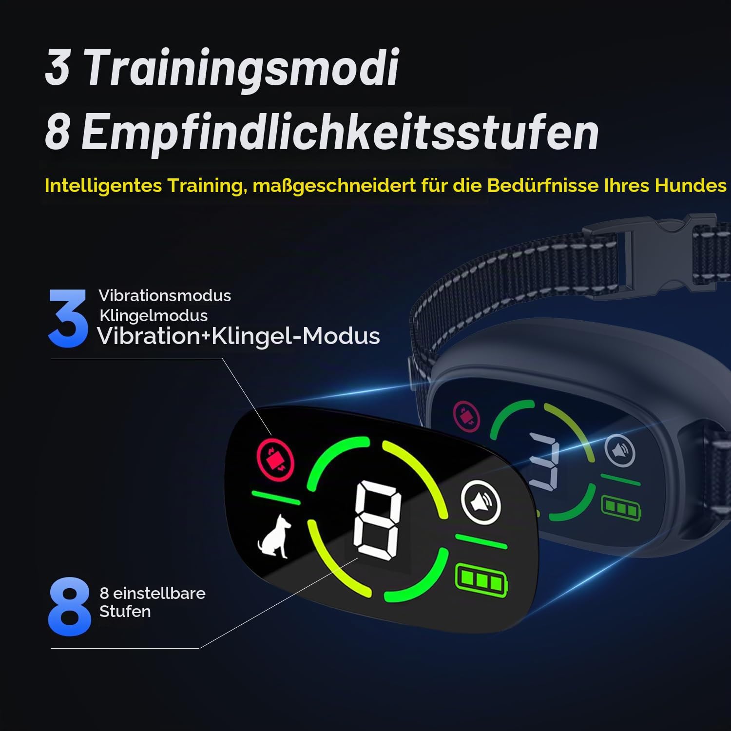 WUGEIN Hundehalsband, wiederaufladbar, intelligentes Anti-Bell-Halsband mit digitalem Farbdisplay, 3 Trainingsmodi und 8 einstellbare Empfindlichkeitsstufen, IP67 wasserdicht, für kleine, mittelgroße