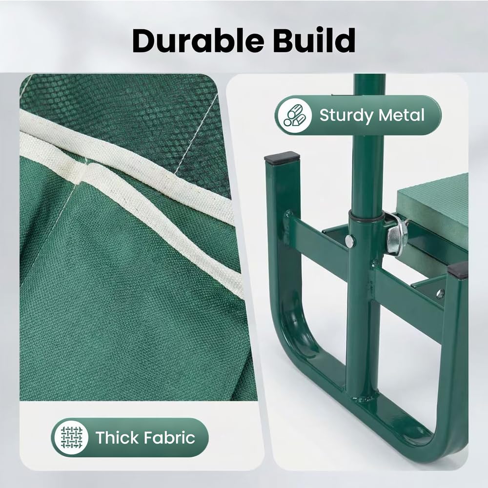 Tabouret de jardin pliable - Hauteur réglable - 60 x 52 x 27 cm - Repose-genoux avec aide au lever - Sac à outils - Tapis en mousse EVA - Pour jardinage, pêche, camping