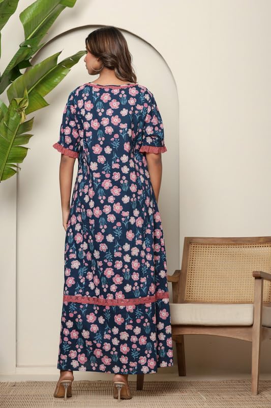 Image of NIHSAMAH Cotton Night Gown for Women, Printed Long Cotton Nighty with Pockets, Comfortable & Fancy Sleepwear /Nightwear /Maxi