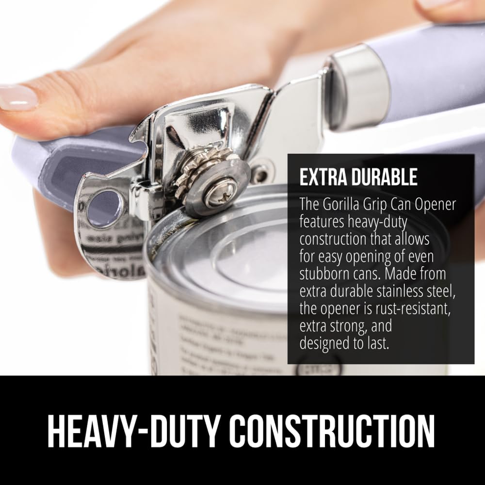 The Original GORILLA GRIP Heavy Duty Stainless Steel Smooth Edge Manual Can Opener and Bottle Openers, Soft Handle, Rust Proof Oversized Handheld Easy Turn Knob, Multifunctional Kitchen Tool, Lavender