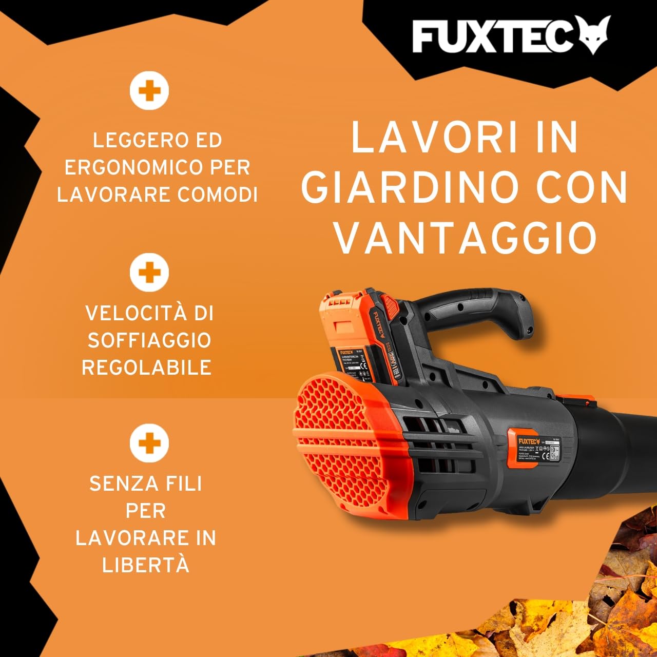 Soffiatore a batteria 20V FUXTEC FX-E1LB20, SET con Batteria 4 Ah e caricatore 2,4 A, velocita’ aria 38m/s, leggero e silenzioso- soffiafoglie per la cura del vostro giardino