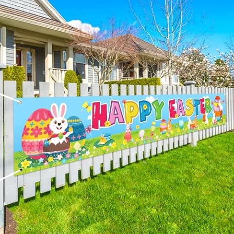 TAROME Easter Banner Decoration, Large Happy Easter Banner Welcome Spring Easter Party Banner with Bunny Easter Egg Flower Pattern for Garden Lawn Wall Fence Table Decoration (9.8 * 1.6Ft) Cover