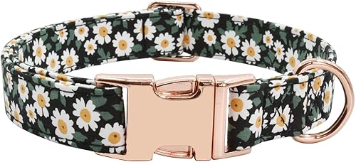 Collar de perro con hebilla de metal, duradero y ajustable, suave para perros pequeños, medianos y grandes (001-flor negra, L (15-23 pulgadas)