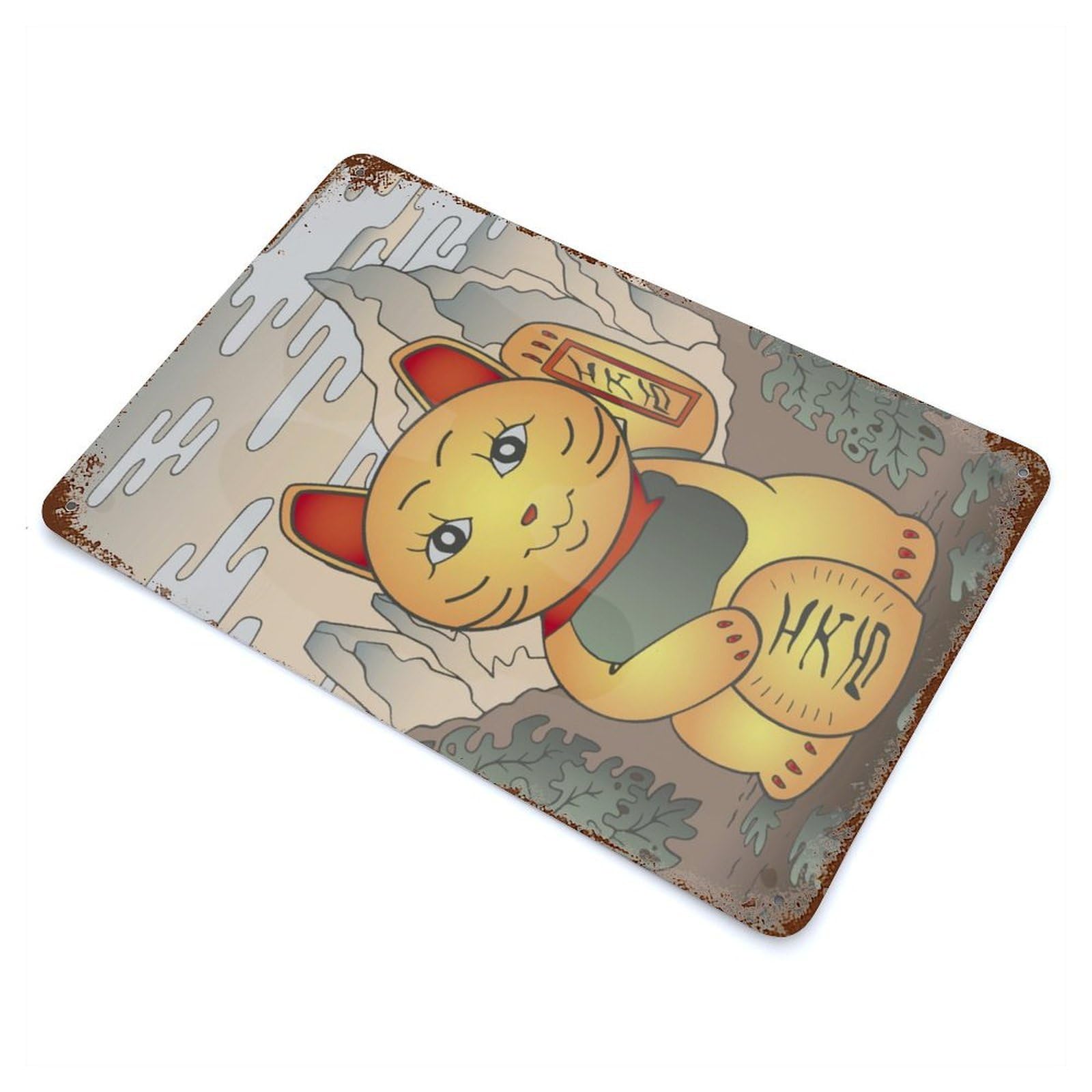 Maneki Neko Japanese Rusty Metal Tin Sign 11.8"x7.9", Ideal for Patio, Garden Room And Bar Decor