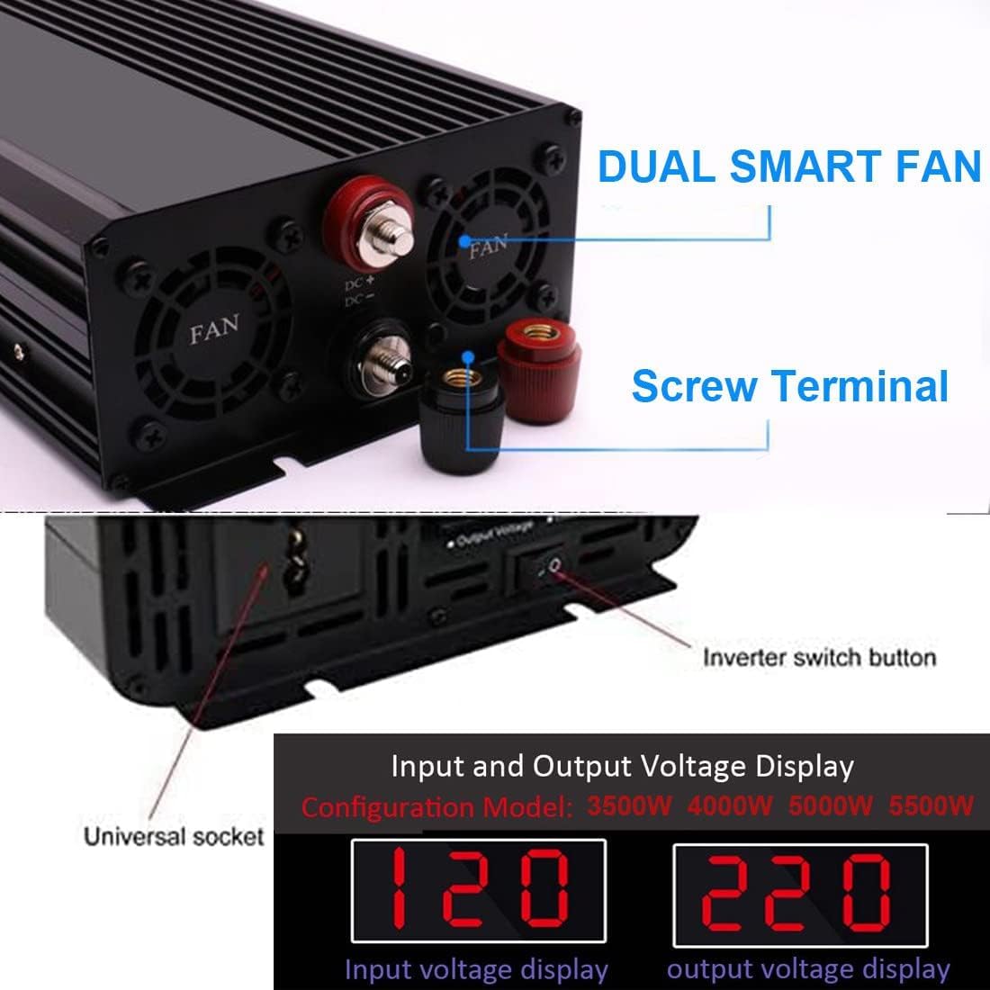 Onda Sinusoidal Pura Inversor 3500W 4000W 5000W 5500W Convertidor de Voltaje 12V 24V 48V 60V 72V a 220V Inversor de Corriente AC Power Inverter Transformador de Voltaje para Coche (12V,5500W)