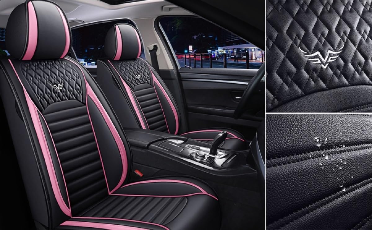 Saienno S02 Leather Car Seat Covers 5 Seats Front & Rear Seat Protector Full Set Universal Fit，Airbag Compatible (Black&Rose)